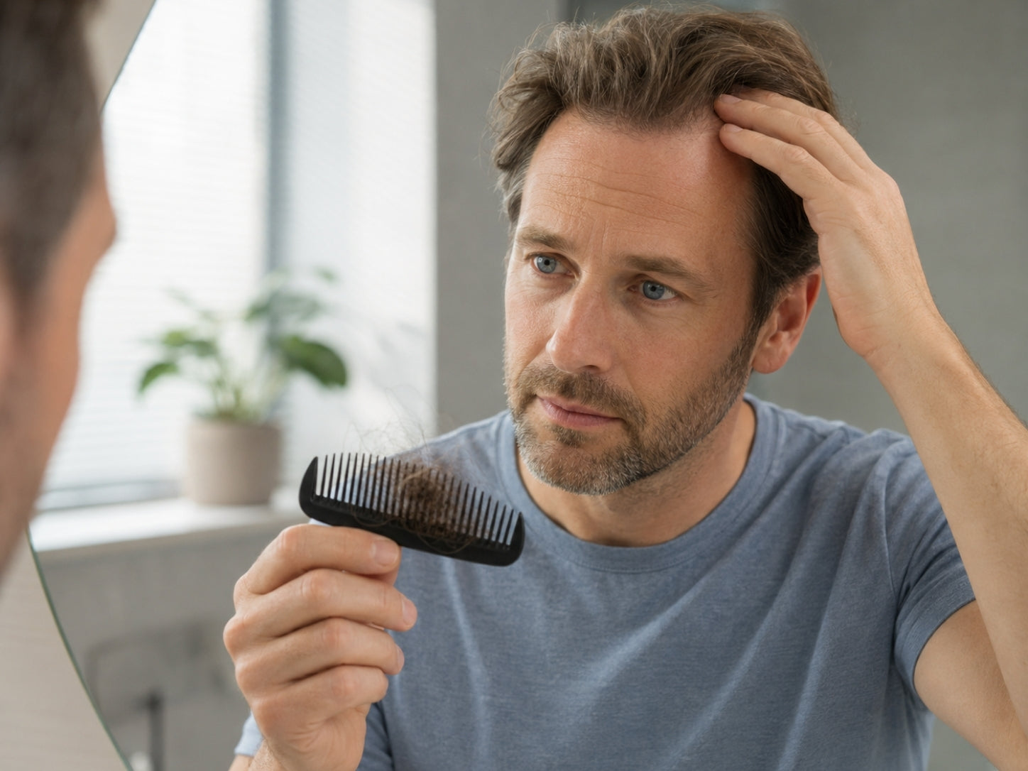 Mann betrachtet vorübergehenden Haarausfall während des Minoxidil-Sheddings.