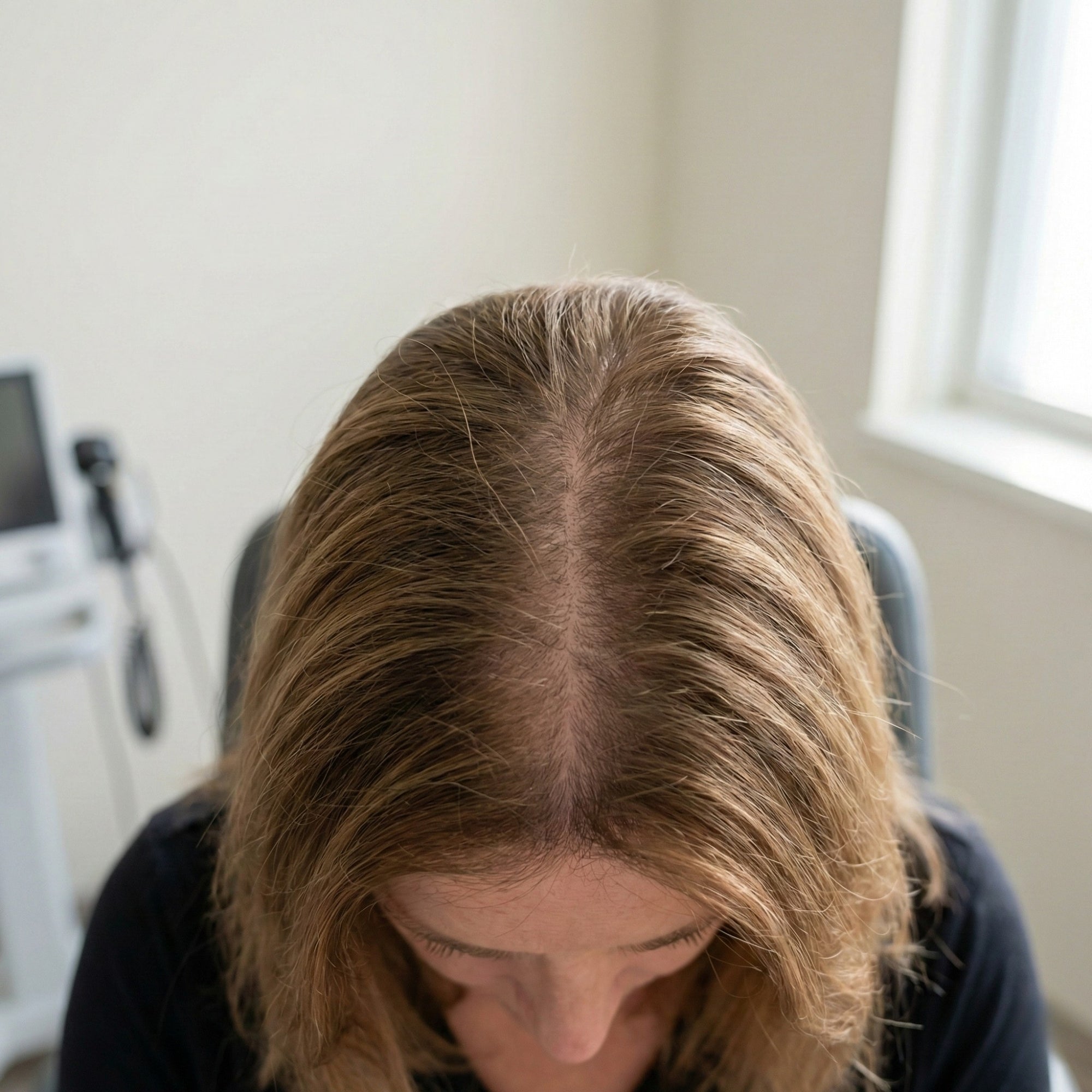 Frau mit allmählicher Haarverdünnung am Mittelscheitel