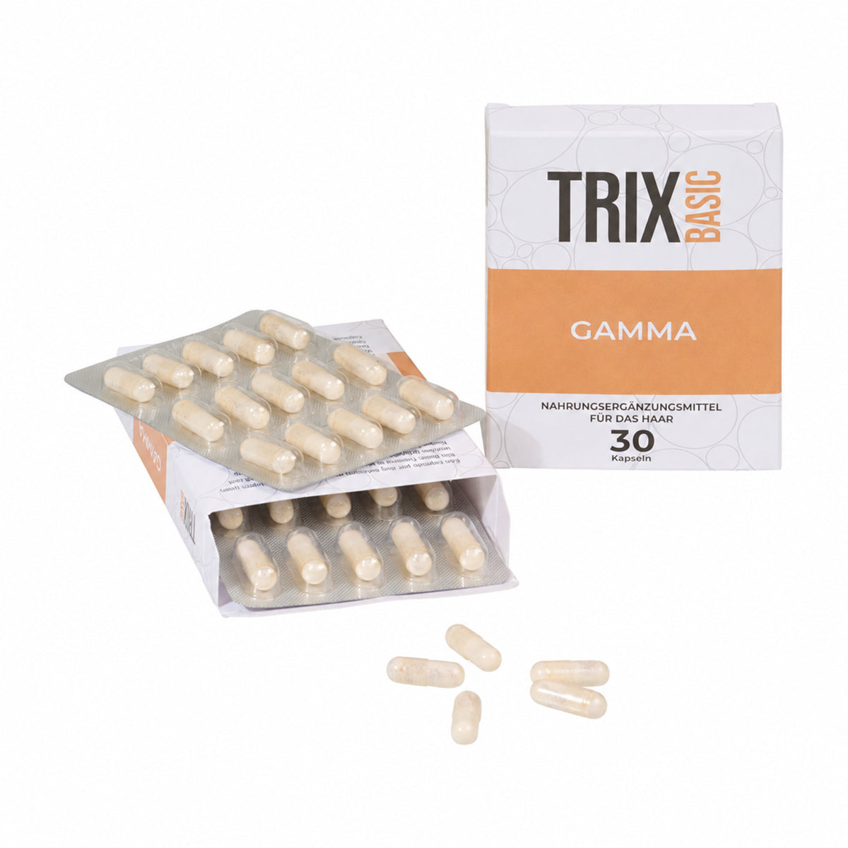 TRIX Basic Gamma Nahrungsergänzungsmittel – Packung mit 30 Kapseln, Blisterpackungen und einzelnen Kapseln.