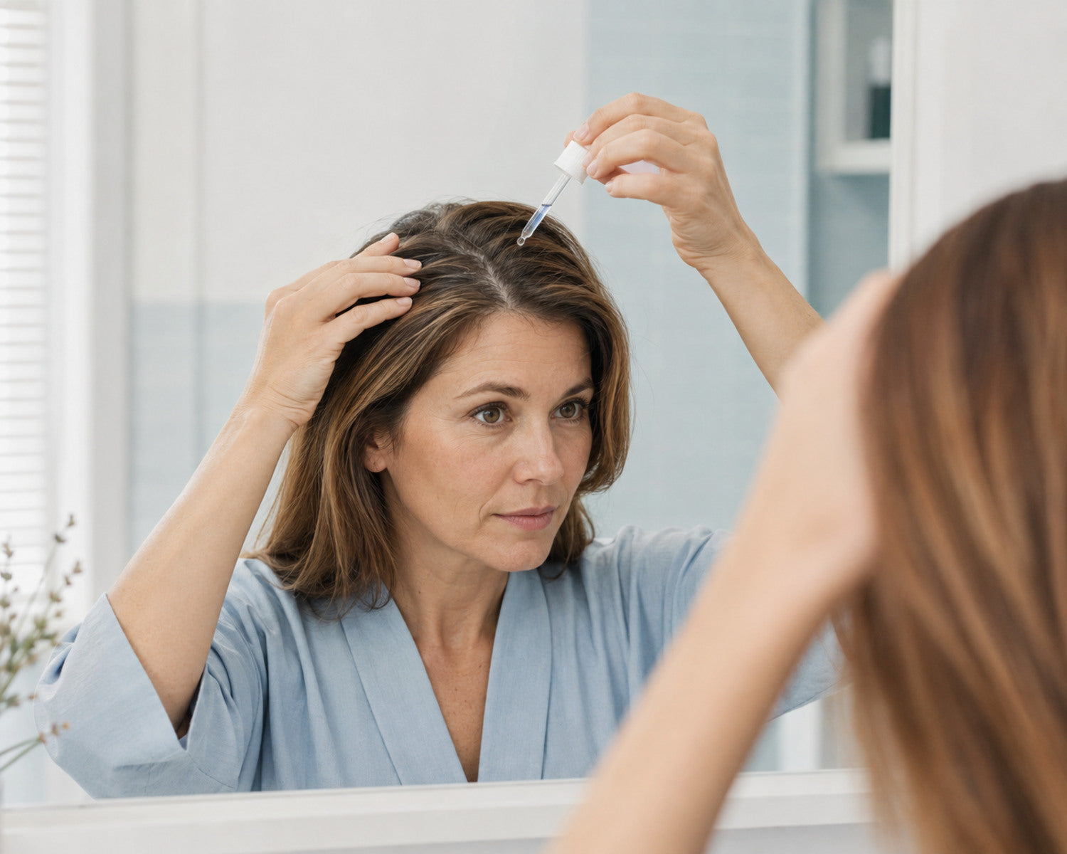 Eine Frau trägt Kopfhautlotion direkt auf die trockene Kopfhaut zwischen den Haarsträhnen auf.