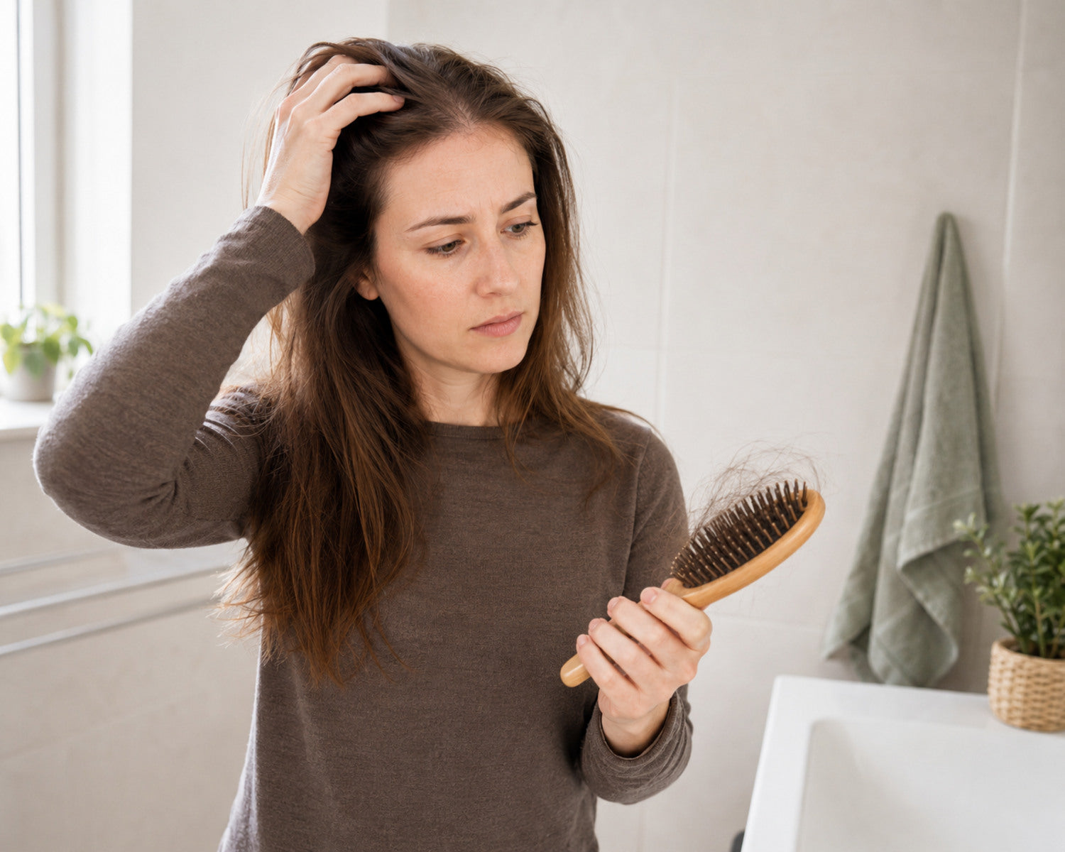 Eine Frau untersucht diffusen Haarausfall in ihrer Haarbürste nach Absetzen der Pille.