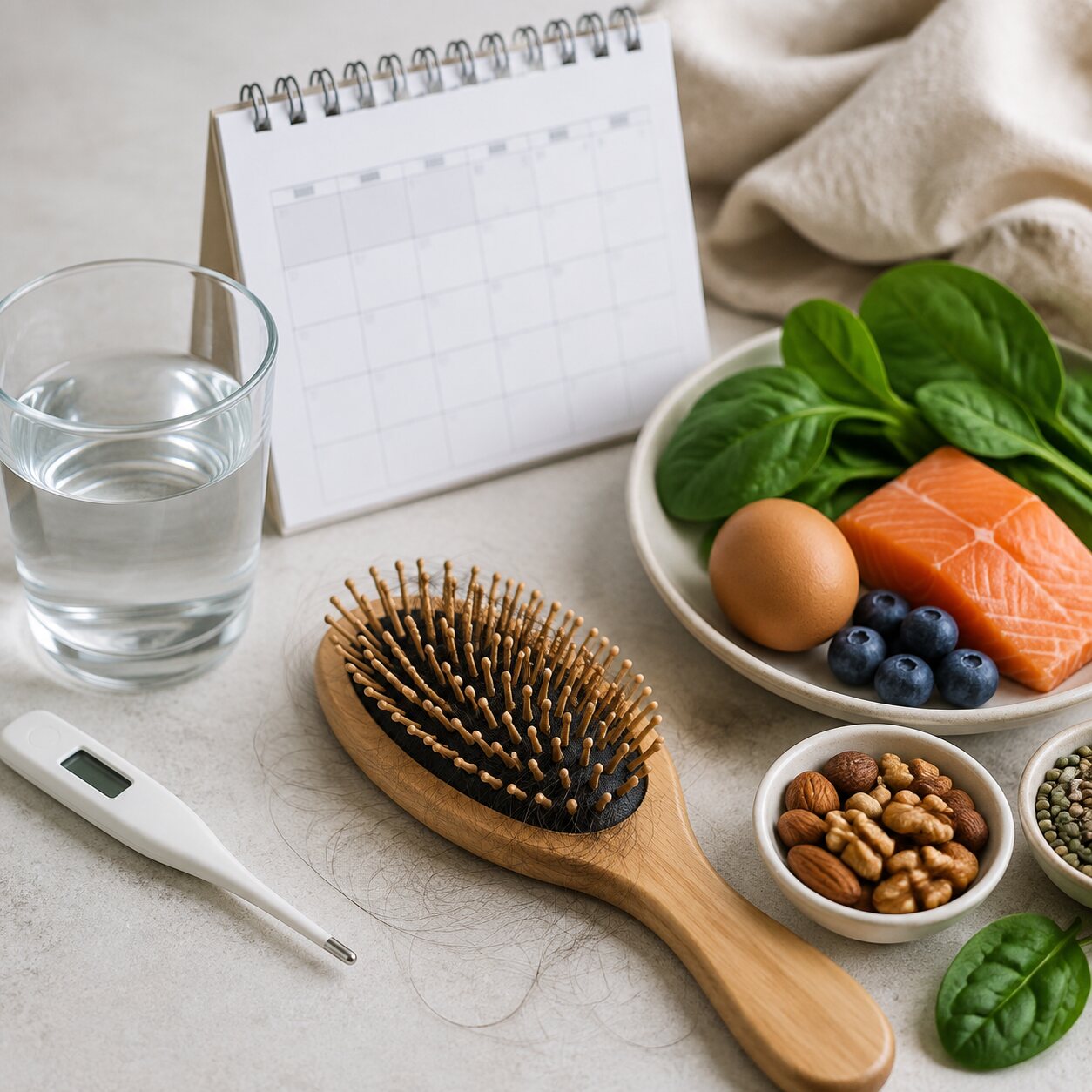 Vrouw denkt na over mogelijke oorzaken van diffuse haaruitval